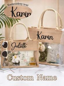 Túi tote vải bố thêu tùy chỉnh với viền vải lanh, túi xách chống thấm nước dung tích lớn, túi đi biển, túi xách tùy chỉnh, quà tặng cho phù dâu, có thể gấp gọn, quà tặng tiệc tùng, quà tặng ngày Valentine - Nhiều màu - Xem 3