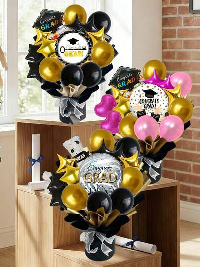 17件套毕业气球套装，包含迷你毕业帽气球、18英寸毕业快乐气球、五角星气球，创意毕业花束气球套装，适合毕业季和毕业派对装饰