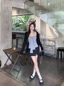 Bộ đồ nữ thường ngày mùa xuân/hè mới, dáng ôm tối giản, tay dài, áo khoác cardigan và áo kiểu 2 mảnh. - Xám - Xem 10