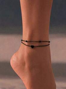 2 pièces Style à la mode Bracelet de cheville en fer avec décoration de cœur et perle pour femmes, décoration quotidienne, Saint-Valentin, Mère, Fête des Mères, Cadeau - Multicolore - Voir 1
