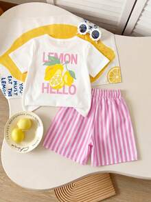 2pcs/Set Girls Lemon Print Outfit, Includes Striped Shorts And Top, Casual Summer Set - White - View 1