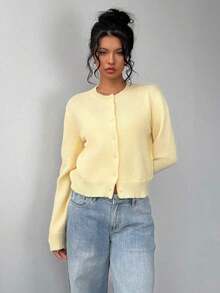 Casual Solid Color Round Neck Long Sleeve Loose Cropped Women Cardigan Sweater, Warm Comfort, Cozy Chic, Daily Commute,Butter Yellow Top In Fall/Winter - 芥末黃 - 查看 4