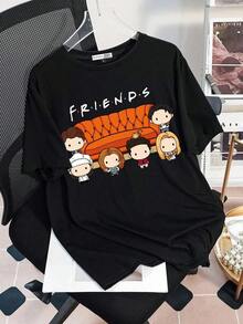 Bob Esponja | Camiseta negra de manga corta, cuello redondo, de corte holgado con lindo estampado de dibujos animados y letras, para mujer, para el verano - Negro 2 - Ver 1