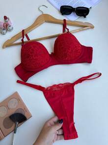 Conjunto Sutiã e Calcinha com Bojo Renda Alça com Regulagem Calcinha em Renda Poliéster Fundo 100% Algodão Conjunto Lingerie rendado sem bojo com forro - Vermelho - Visão 7
