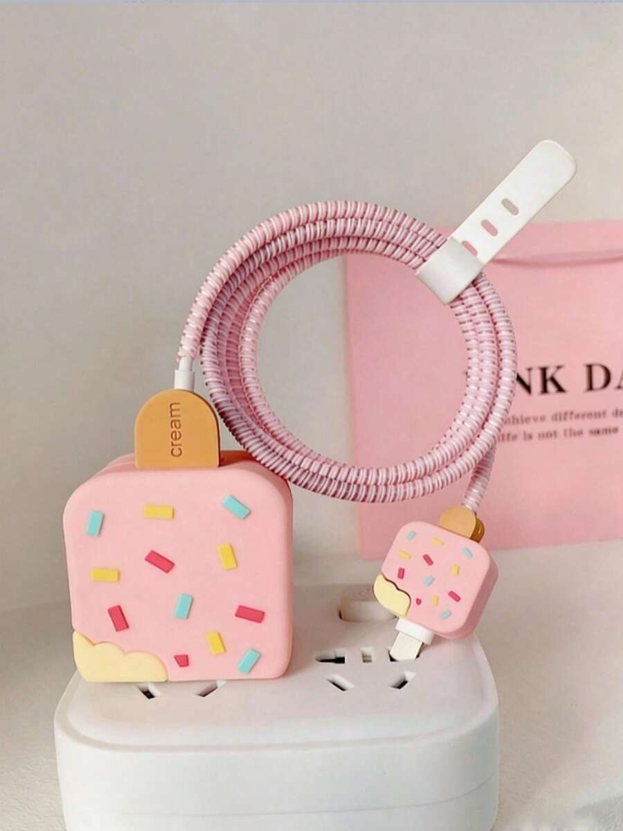 4件套冰淇淋造型充电器保护套和螺旋数据线保护套 - 彩色 - 查看 1