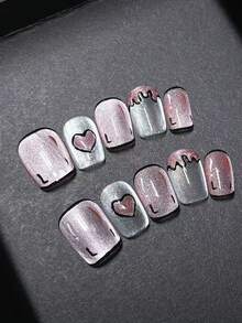 1package/10pcs-Pink Glitter Cat Eye Press On Nails | Heart & Dripping French Design | Cute Y2K Short Square Fake Nails - Pink - View 1