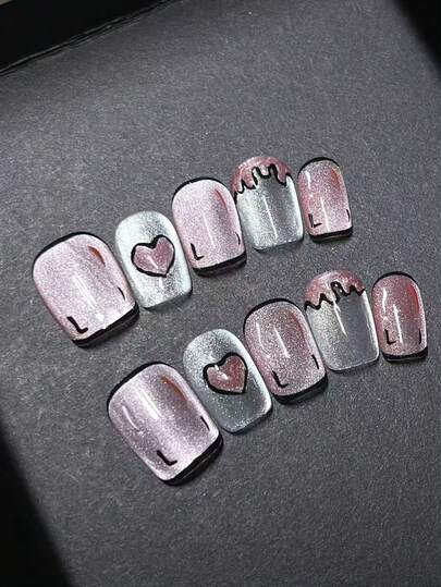 1package/10pcs-Pink Glitter Cat Eye Press On Nails | Heart & Dripping French Design | Cute Y2K Short Square Fake Nails