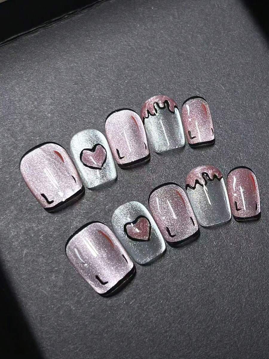 1package/10pcs-Pink Glitter Cat Eye Press On Nails | Heart & Dripping French Design | Cute Y2K Short Square Fake Nails - Pink - View 1