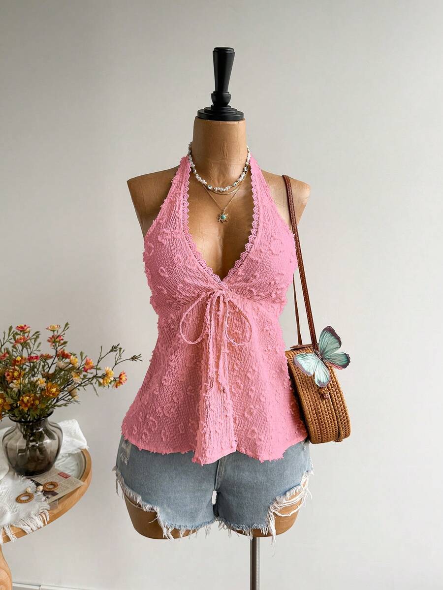 Rusttydustty Women's Backless Casual Vacation Bohemian Style Music Festival Halter Top Summer - Watermelon Pink - View 1