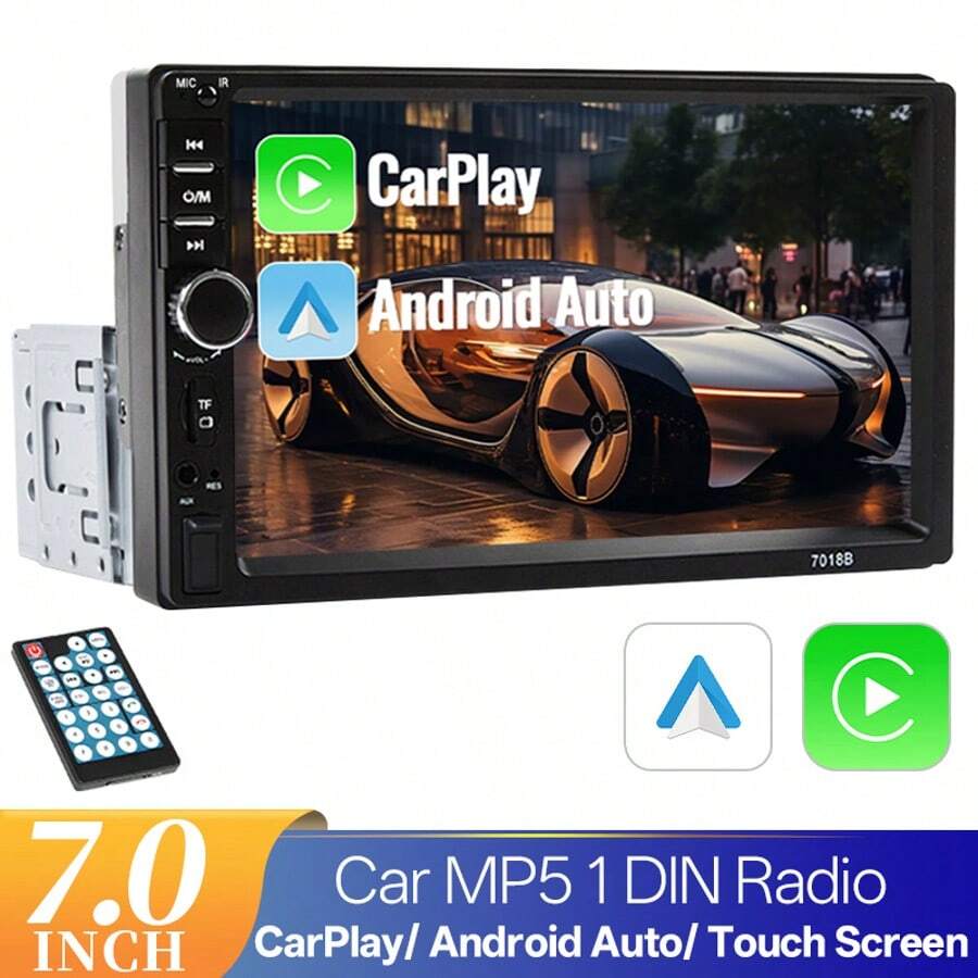 Đầu phát đa phương tiện ô tô 7 inch DIN đơn, hỗ trợ Carplay, Android Auto, màn hình cảm ứng, FM, AUX và Mirror Link.