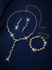 一套简约镶钻爪链项链、耳环和手链三件套首饰，适合女性日常佩戴 - 金色2 - 查看 3