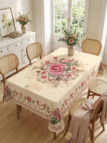 1 pieza Mantel de poliéster rosa vintage con estampado de rosas, hojas y flores - Cubierta rectangular tejida a máquina, ideal para fiestas de primavera y verano, interiores y exteriores, decoración de estilo granja - Multicolor - Ver 5