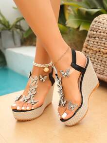 Women's Transparent Rhinestone Butterfly Wedge Sandals, Open Toe Woven Texture High Heel, Summer Party Beach Holiday Shoes - Black - View 8