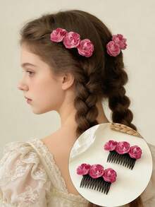 2pcs/Set Girls Realistic Floral Hair Comb, Cute Bun Maker, Hair Accessory For New Year, Wedding, Bridesmaid, Daily, Holiday, Party - Multicolor - View 1