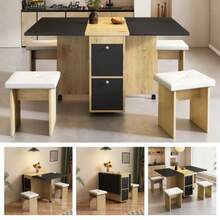 Dining Table Set (With Dining Table, 4 Chairs), Folding Dining Table, 120*80*75cm, Extendable Dining Table, Multifunctional Extendable Dining Table, Dining Chairs, White + Oak + Black - Black - View 5