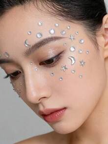 1pc Silver Star & Moon Rhinestone Face Sticker, Fairy Makeup Teardrop Rhinestone, Music Festival Stage Makeup Decor Rhinestone, Fairy Teardrop Makeup Face Sticker, Photo Shoot Atmosphere Rhinestone Face Decor - Multicolor - View 3