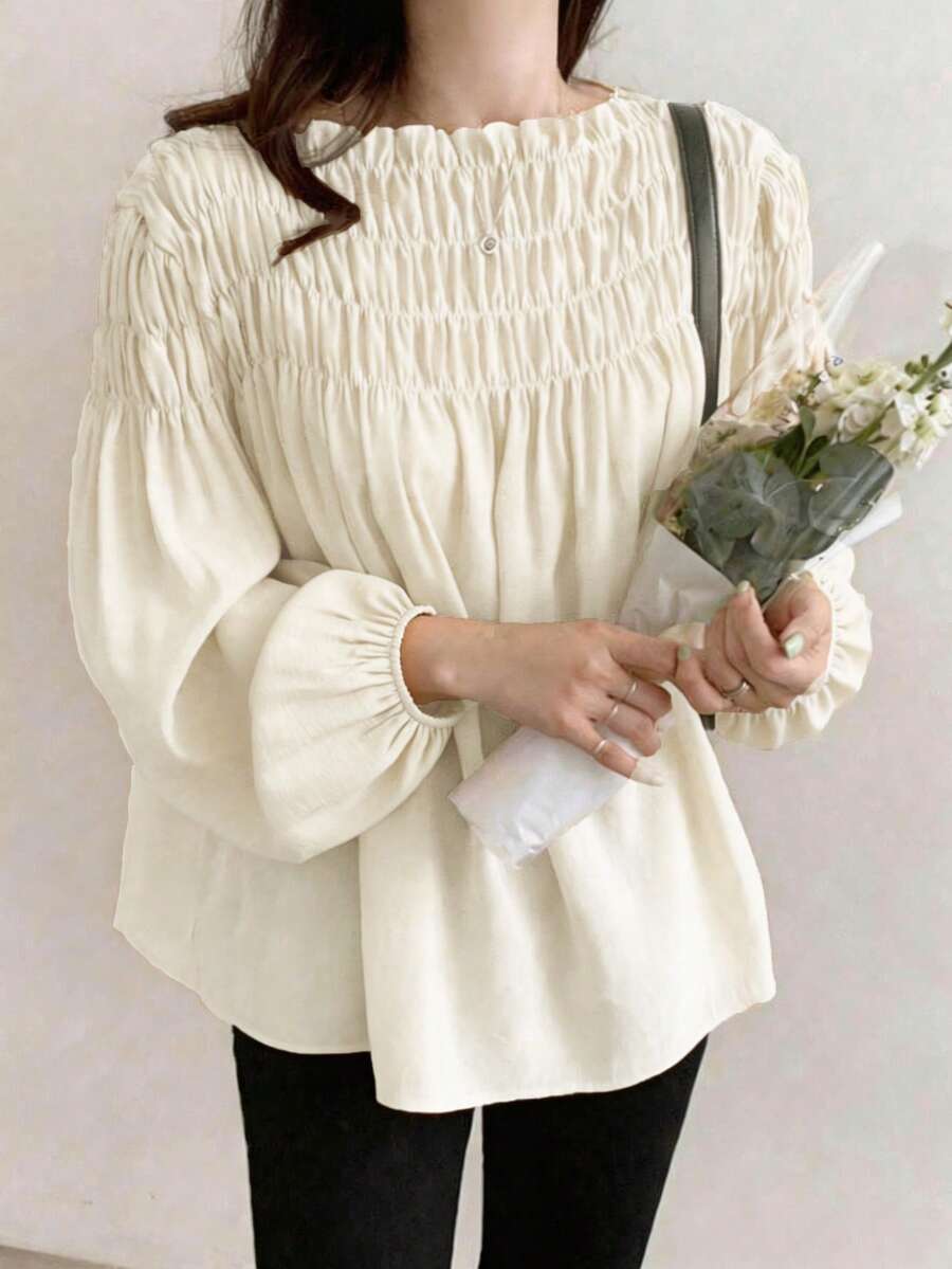 韩式时尚甜美独特优雅雪纺上衣,泡泡袖,圆领,单肩荷叶边设计,适合秋冬季穿着 - 杏色 - 查看 1