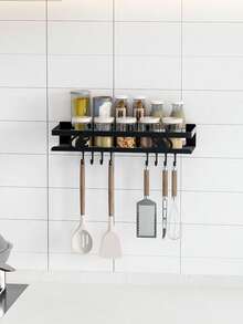 Giá đựng gia vị treo tường không cần khoan, có móc, đa năng dùng cho phòng tắm và nhà bếp, giá đựng gia vị kiểu nông trại, phụ kiện trang trí nhà bếp. - màu đen - Xem 3