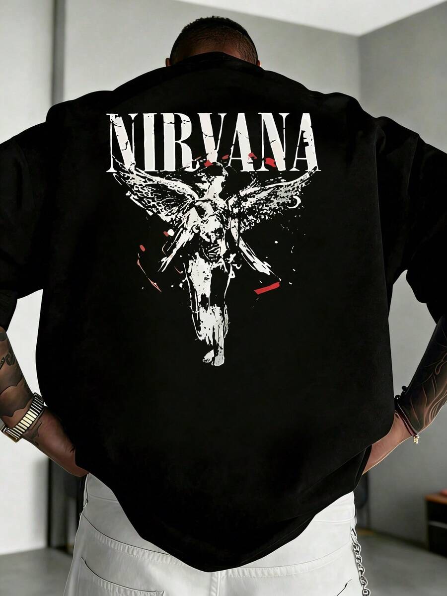 Men's Y2K Retro Dark Winged Figure Graphic Print T-Shirt, 90s Vintage Grunge Style Short Sleeve Top, Classic Summer Casual Tee, Perfect Holiday Gifts - 黑色 - 查看 1