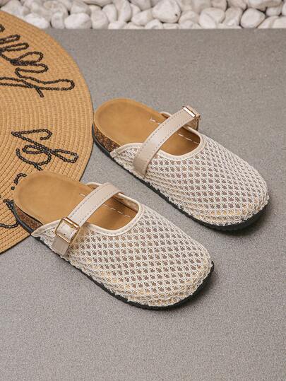 Women's Classic Retro Flat Beach Sandals, Mesh Hollow Lace Breathable Soft Cork Sole, Lightweight & Flexible Indoor Slippers, Bohemian Style Fashion Sandals, Beige Peep Toe Mules, Random Pattern