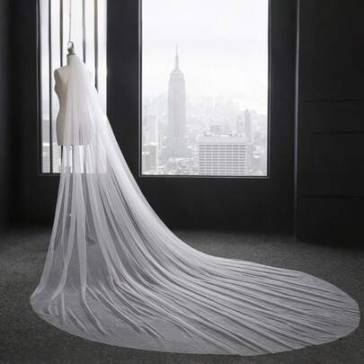 Elegant Romantic Pure White Single Layer Plain Tulle Long Bridal Veil With Train, Simple Minimalist Wedding Veil For Bride, Perfect For Studio Photography, Wedding Ceremony, Engagement, Party, Easter, Mother's Day, Valentine's Day, Anniversary & Photoshoot Decor