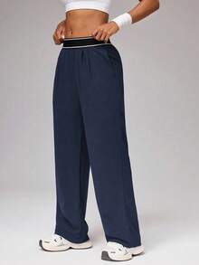 Women's Casual Sports Pants, Women's Sports Pants, Loose Sports Pants, Jogging Pants, Women's Sports Pants, Loose Sports Clothes, Essential For Spring Outdoor Sports: High Waist With Contrasting Border Elastic Waistband, Loose Fit, Lightweight Fabric - 藍色 - 查看 6