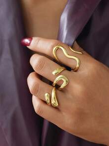 3件套几何简约不锈钢可调节开口戒指，适合女性日常、派对、送礼，百搭配饰 - 金色3件套 - 查看 6