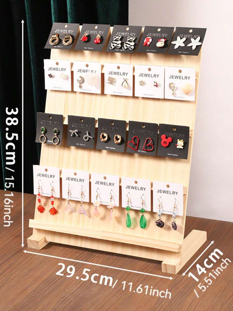 1 giá trưng bày trang sức khuyên tai bằng gỗ 4 tầng, giá đựng đồ trang sức để bàn có sức chứa lớn, dùng để đeo và trưng bày khuyên tai. - Màu be - Xem 1