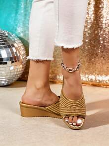 1 Pair Women's Elegant Gold Pearl And Rhinestone Open Toe Wedge Platform Sandals, Bling Slip On Slides For Summer Vacation And Dressy Occasions - الذهبي - مشاهدة 4