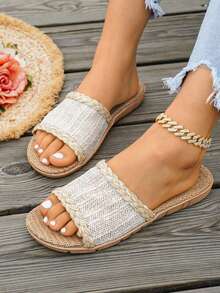 planare Nuevas sandalias planas de verano con suela tejida, estilo casual y de vacaciones para mujer, en color beige y dorado, adecuadas para el uso diario, la playa y otros atuendos de verano - Beis - Ver 6