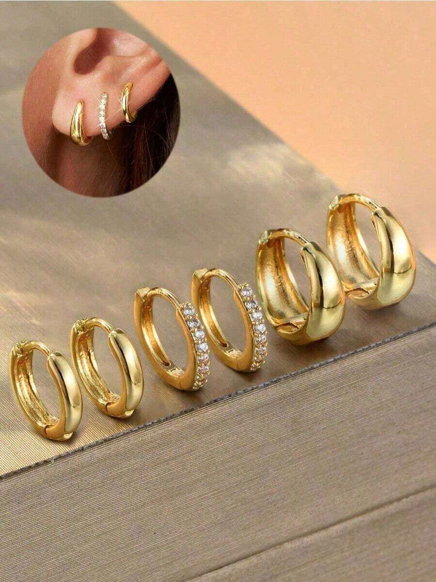 6pcs Dainty Cubic Zirconia Ear Stud & Huggie Hoop Earrings, Copper Allergy-Friendly Stackable Earrings, Cute Earrings Set For Women And Girls Sparkling Copper Allergy-Friendly Stackable Cool Versatile Jewelry, Lightweight Anti-Tarnish Non-Piercing Accessory, Ideal For Daily School Vacation Party Outfit Matching, Birthday Graduation Gift For Girls, Casual Ear Set - 彩色 - 查看 1