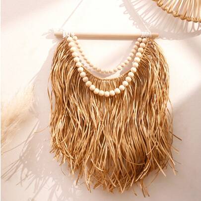 1pc Beige Boho Wall Hanging Decor Aesthetic Tassel Fringe Pendant Farmhouse Nordic Minimalist Woven Look Hanging Ornament Crescent Layered Bead Garland Textured Statement Wall Art Soft Neutral Room Accent Decorative Hanging Piece For Living Room Bedroom Nursery Entryway Hallway Apartment Dorm Bedside Gallery Wall Wedding Party Photo Backdrop Holiday Display Cozy Home Decor