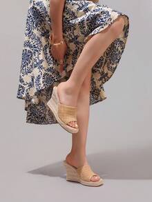 麻绳坡跟凉鞋，单带露趾，夏季度假休闲高跟防水拖鞋，日常时尚女鞋 - 卡其色 - 查看 8