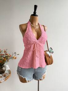 Rusttydustty Women's Backless Casual Vacation Bohemian Style Music Festival Halter Top Summer - Watermelon Pink - View 5