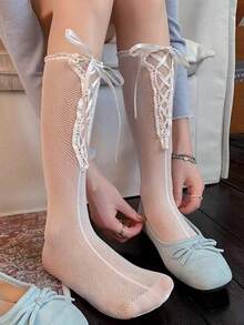 1 đôi tất giữ ấm chân mỏng kiểu ba lê, chéo, thích hợp cho mùa xuân/hè, tất cao đến đầu gối kiểu Lolita thắt nơ, tất bắp chân phong cách Y2K cá tính có nơ, phù hợp cho mặc hàng ngày, hẹn hò và phối cùng trang phục ba lê, kết hợp với giày Mary Janes và giày búp bê. - Nhiều màu - Xem 7