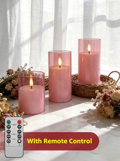 Conjunto de 3 velas sem chama com controle remoto/temporizador, velas a bateria, velas rosa, velas com luz quente, para decoração de mesa, adequadas para Natal, Halloween, Dia dos Namorados, Dia das Mães, presentes, aniversário, pedido de casamento, casamento, Dia da Mentira, mesa de jantar, festa, decoração de feriados