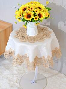 1pc Lace Round Tablecloth, Modern Minimalist Champagne Color Polyester Jacquard Fabric Water-Soluble Lace Embroidery Hollow Round Tablecloth, Suitable For Bedroom, Living Room, Round Table, Dining Table - Champagne - View 10