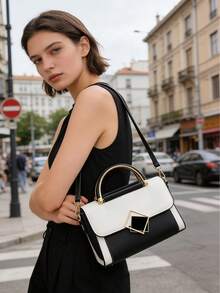 Bolso de mano con contraste de color negro y blanco | Bolso de mano minimalista con cierre geométrico | Bolso cruzado multifuncional adecuado para el trabajo y las citas - Blanco y Negro - Ver 3