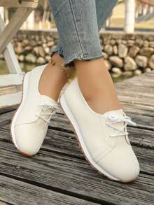 女士休闲系带运动鞋，舒适轻便百搭鞋 - 白色 - 查看 9