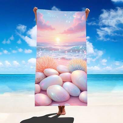 1条梦幻沙滩鹅卵石图案沙滩巾，超柔软超细纤维特大号沙滩毯，超强吸水浴巾，适合旅行、游泳池、潜水、冲浪、瑜伽、露营，多种尺寸可选，沙滩、泳池、旅行、露营、瑜伽必备用品