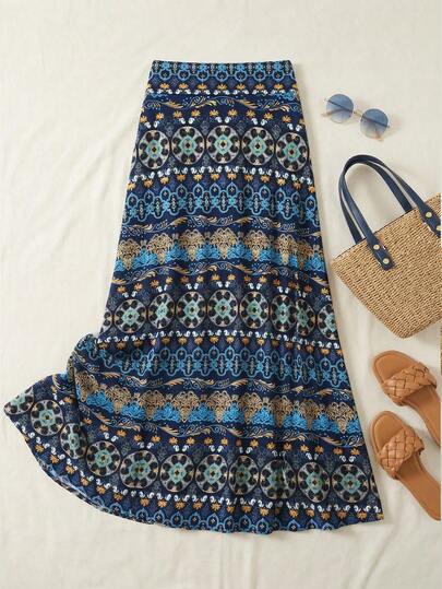 春夏新款优雅碎花高腰半身裙，时尚波西米亚风度假显瘦雪纺裙