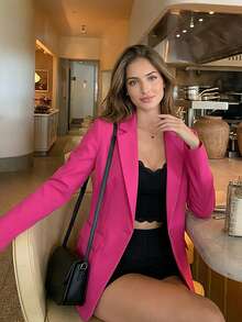 Blazer de manga larga de un solo botón, de unicolor, casual y versátil para uso diario, primavera - Rosa Fucsia - Ver 3