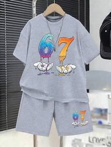 2pcs/Set Young Boy Numeric Print Round Neck Short Sleeve T-Shirt And Shorts Casual Outfit - Grey - View 1