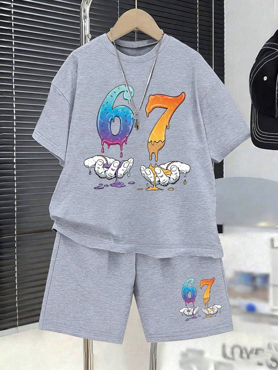 2pcs/Set Young Boy Numeric Print Round Neck Short Sleeve T-Shirt And Shorts Casual Outfit - Grey - View 1