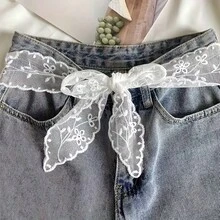 2件組女款長款絲綢圍巾 頸部領結蕾絲緞帶 純色百搭氛圍髮帶 空心刺繡裝飾領結 多用途時尚配件 - 多色 - 查看 7