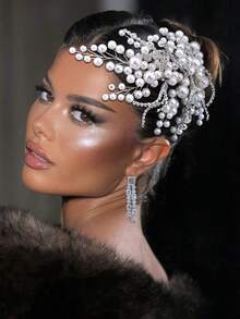 1 pieza Tocado elegante para mujer, diadema con perlas falsas y brillantes de rhinestone, tocado nupcial, accesorio para el cabello de fiesta de boda, accesorio para vestir, accesorio de boda, accesorio para mujer, decoración para el cabello de primavera/verano - Plateado - Ver 7