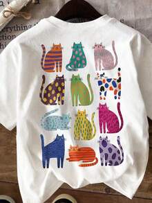 Casual Plus Size Regular Sleeve Tee Featuring Fun Multi-Colored Cat Pattern, Comfortable High Stretch Fabric White - White - View 4