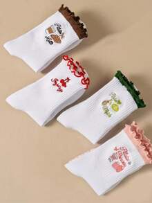 4双装女士防滑瑜伽舞蹈袜，可爱荷叶边刺绣中筒袜 - 白色 - 查看 3