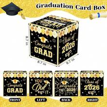 Black Gold Graduation Card Box, Class Of 2026 Congrats Party Money & Gift Card Holder, Elegant Grad Party Decoration Supplies, 8.7-Inch Square - Black Gold - 查看 4