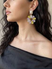Elegante conjunto de collar y aretes con girasol y perlas falsas, adecuado como regalo de boda/fiesta para mujeres - flores - Ver 5